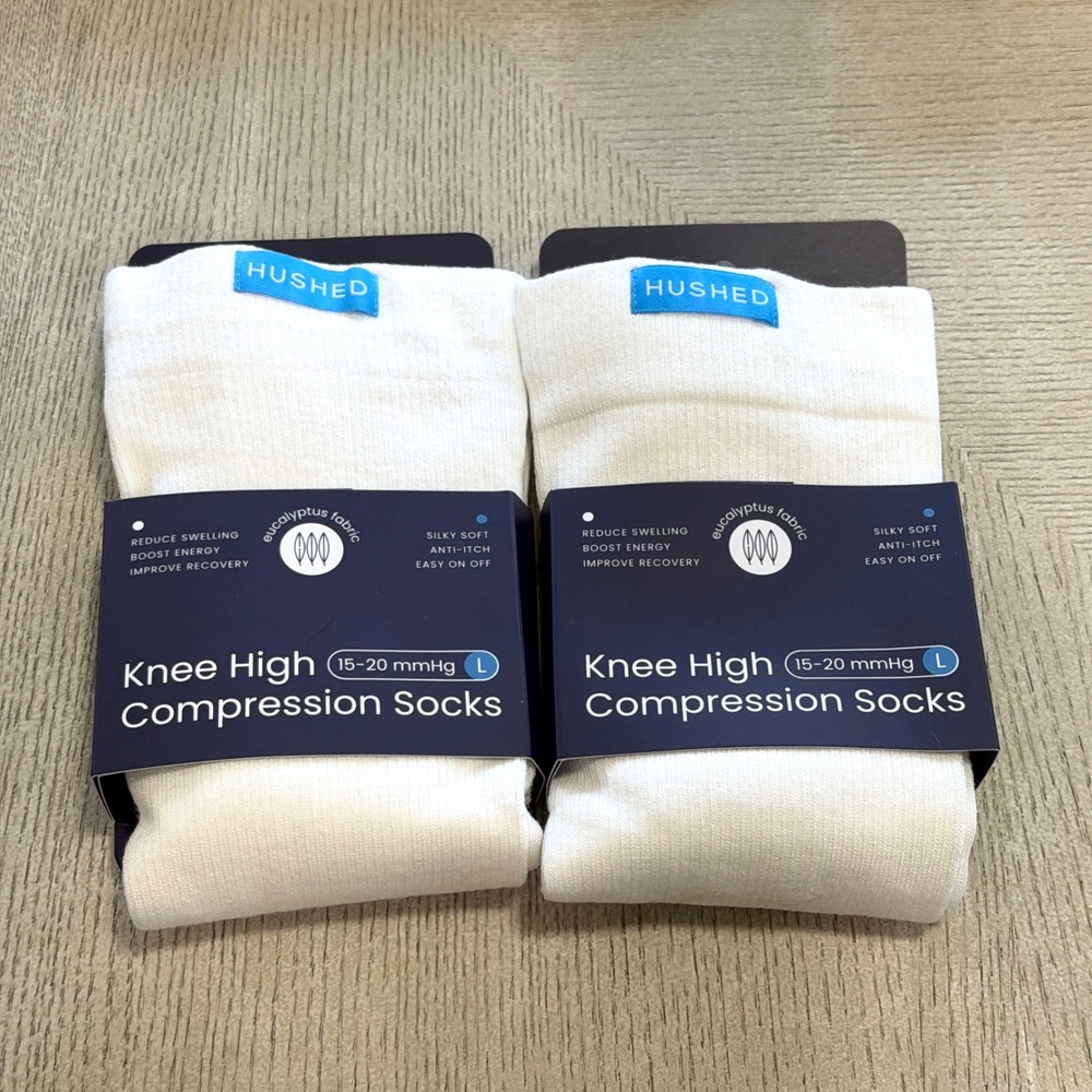 2 pack Hushed Knee High Compression Socks Large White 15-20 mmHg Lyocel NEW